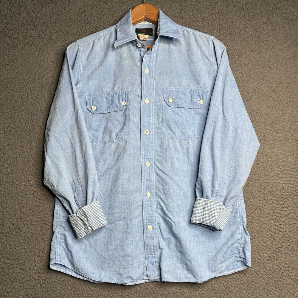 Vtg 80s 90s Abercrombie Fitch Chambray Work Shirt Cotton Gingham Cuffs Mens S